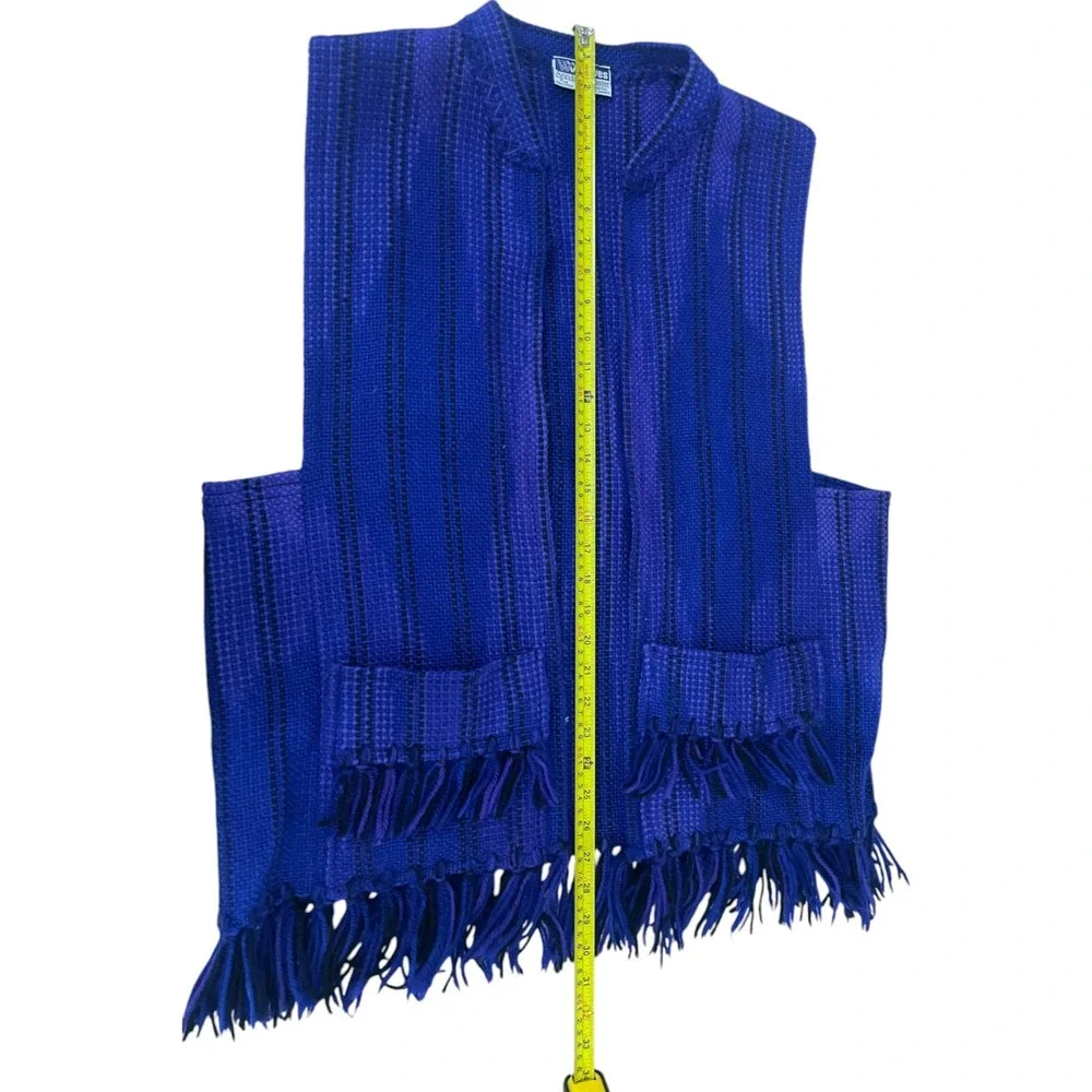Ann‎ Buckmaster Weaves Vest Fringe Large Blue Pure New Wool Open Front Vintage